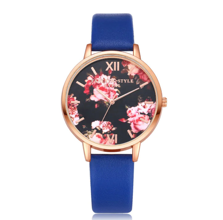 Fashion Floral Dial Watch for Women, PU Strap