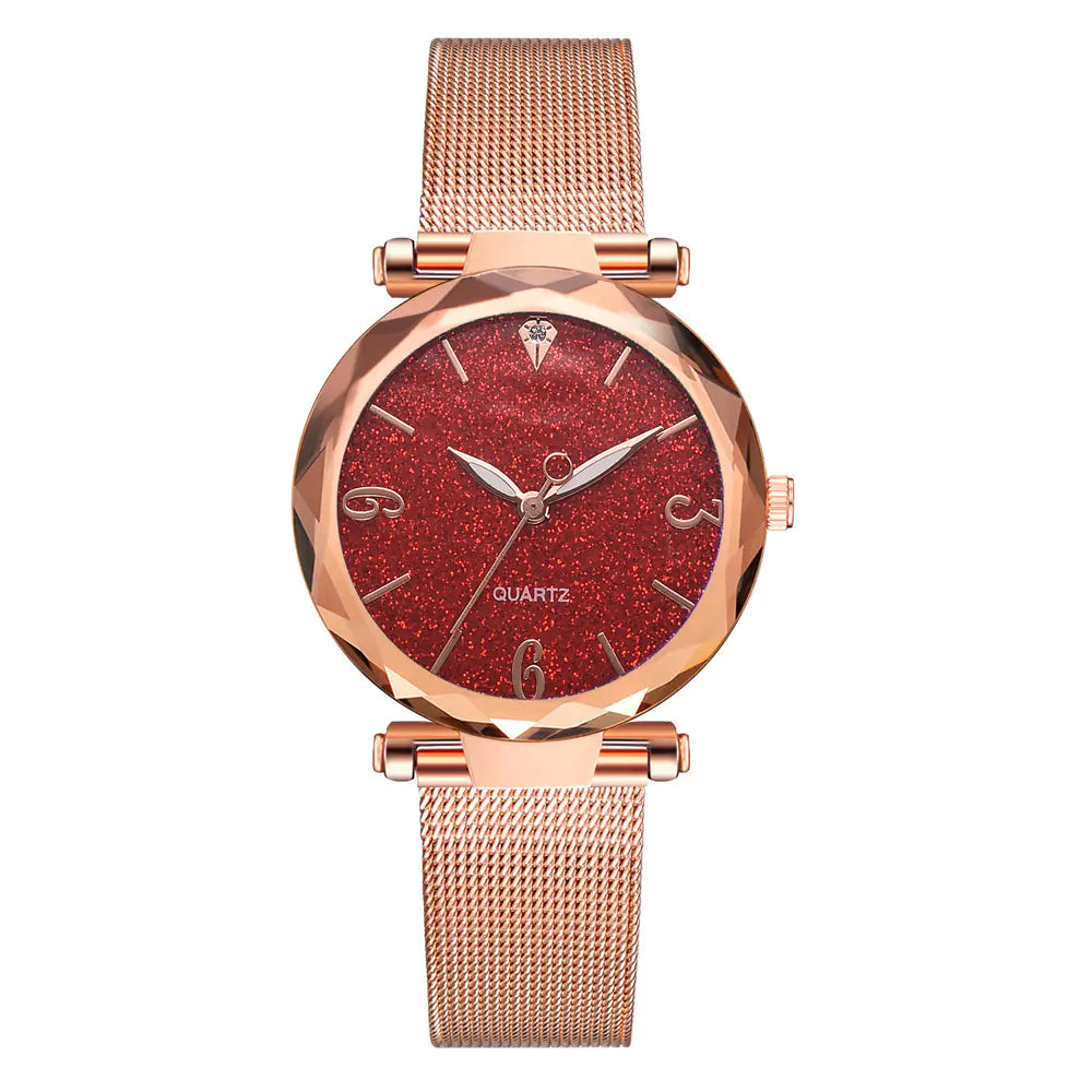 Fashion Quartz Watch with Mesh Band and Powder Face