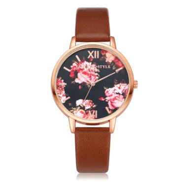 Fashion Floral Dial Watch for Women, PU Strap