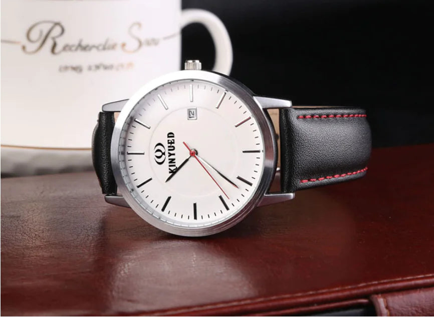 KINYUED Swiss Fashion Black Leather Quartz Watch