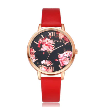 Fashion Floral Dial Watch for Women, PU Strap