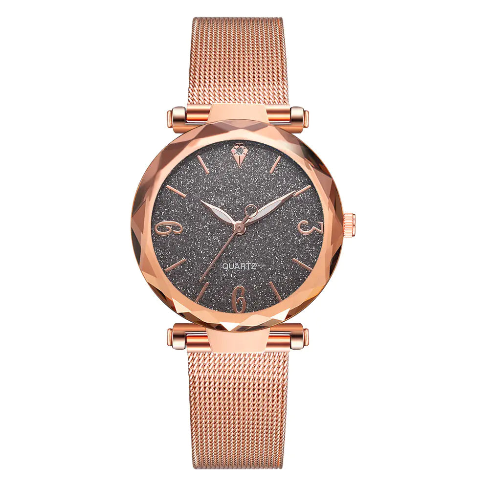 Fashion Quartz Watch with Mesh Band and Powder Face
