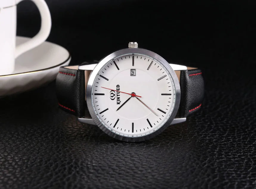 KINYUED Swiss Fashion Black Leather Quartz Watch