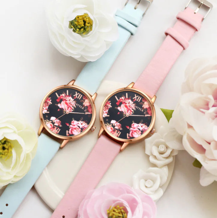 Fashion Floral Dial Watch for Women, PU Strap