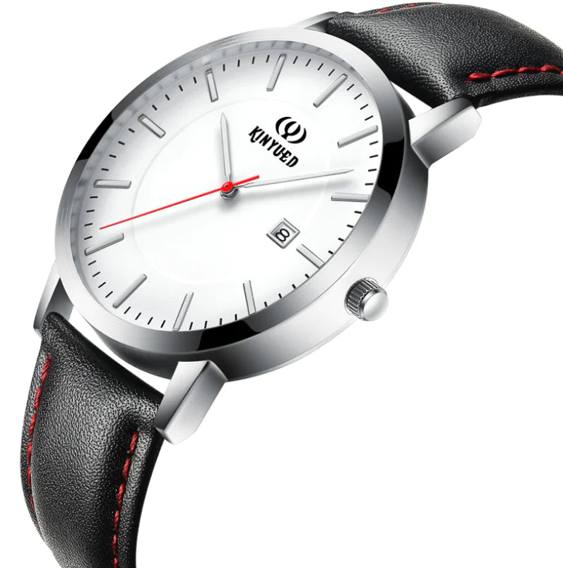 KINYUED Swiss Fashion Black Leather Quartz Watch