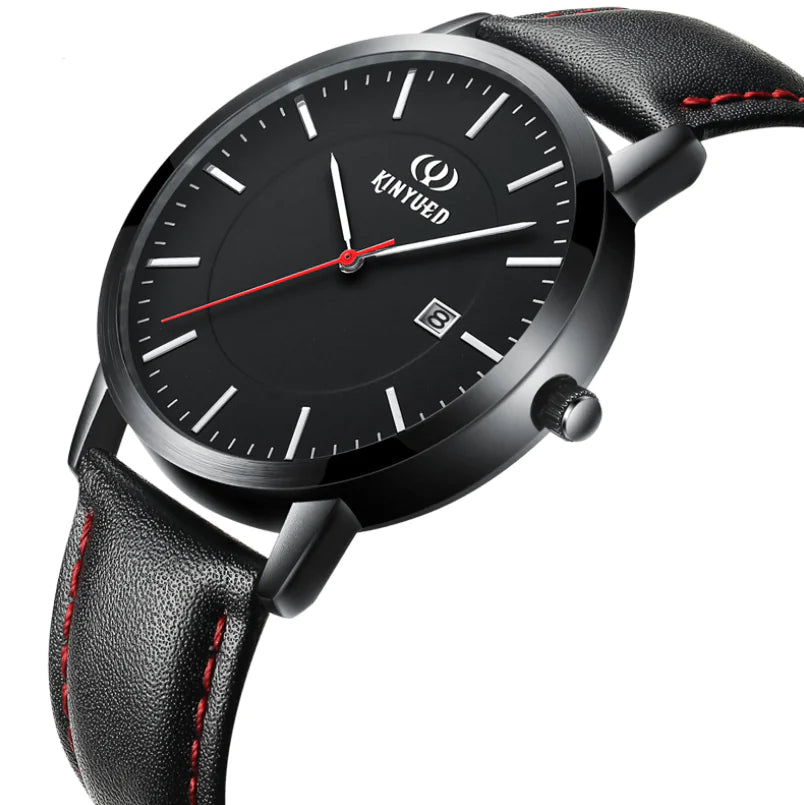 KINYUED Swiss Fashion Black Leather Quartz Watch