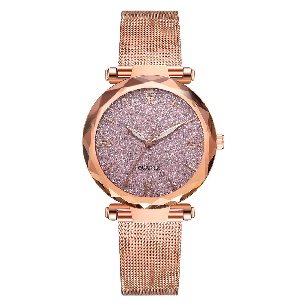 Fashion Quartz Watch with Mesh Band and Powder Face