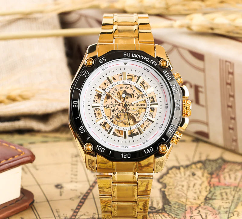 Fashion Men's Hollow Gold Steel Band Watch (Large Dial)