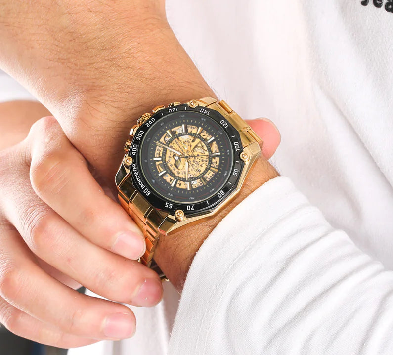 Fashion Men's Hollow Gold Steel Band Watch (Large Dial)