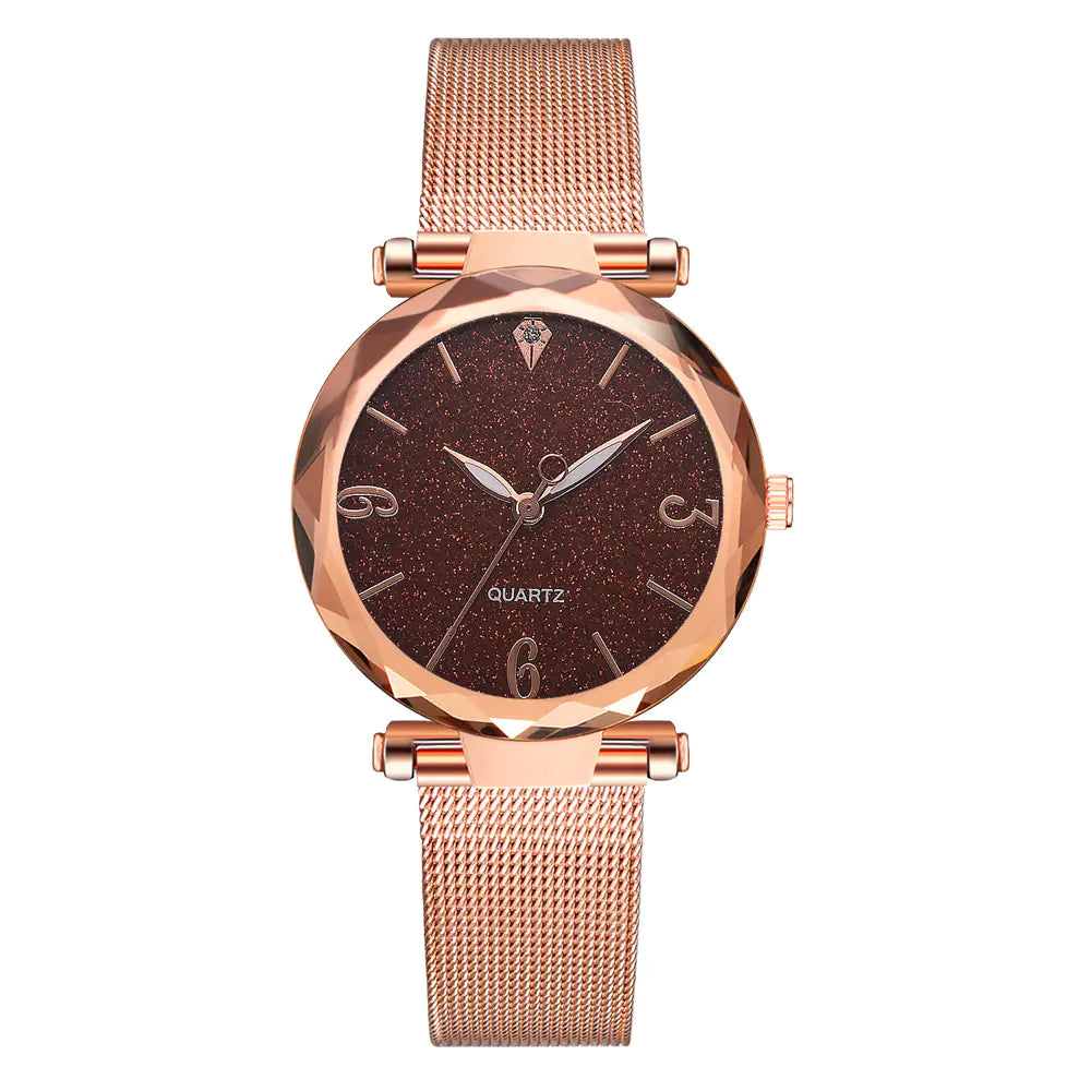 Fashion Quartz Watch with Mesh Band and Powder Face