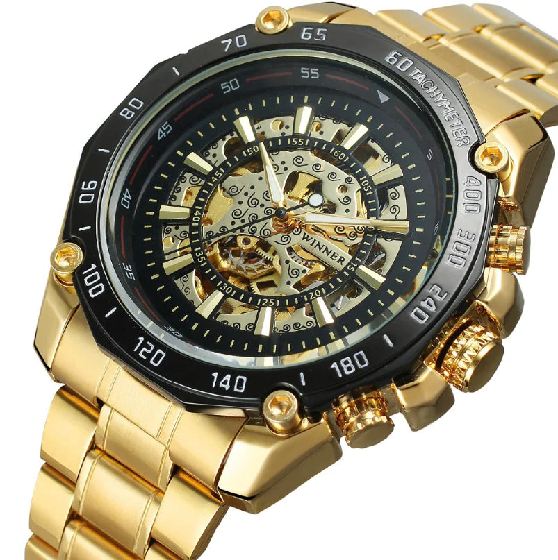 Fashion Men's Hollow Gold Steel Band Watch (Large Dial)
