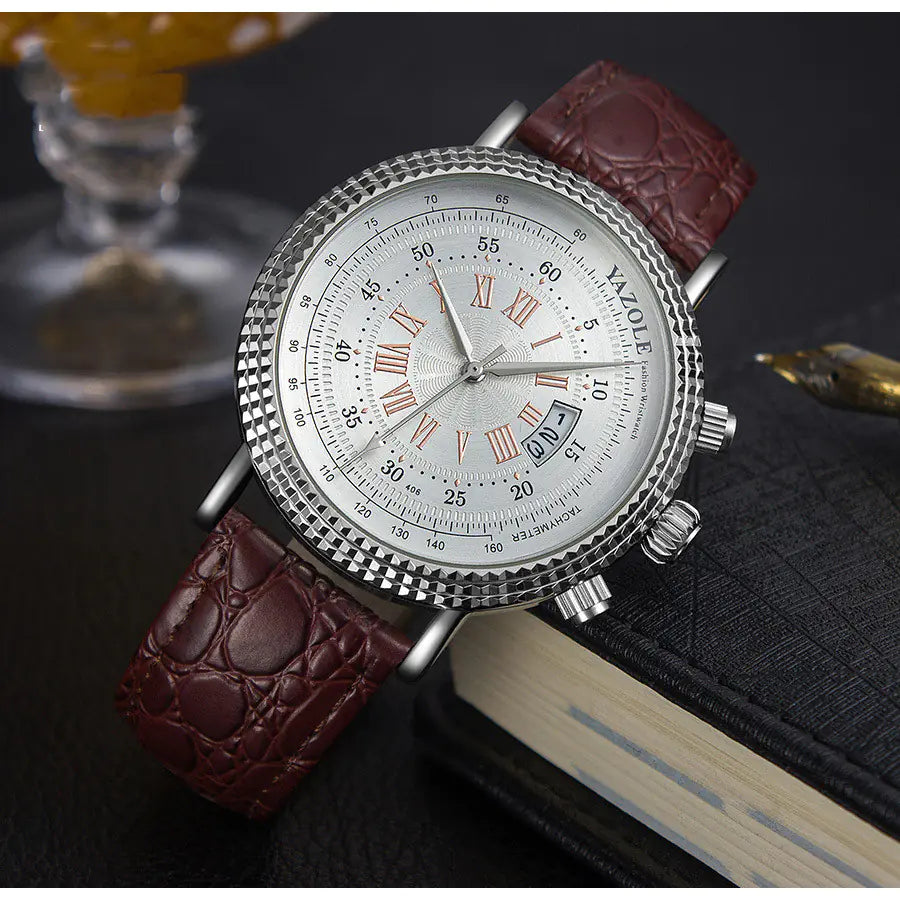 Fashion Quartz Watch with Roman Numerals and Calendar