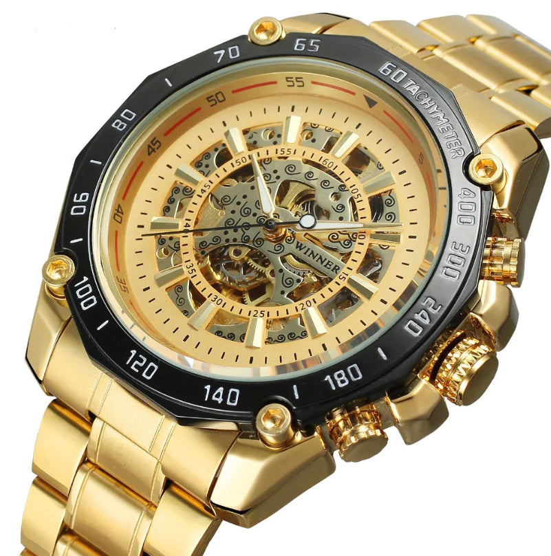 Fashion Men's Hollow Gold Steel Band Watch (Large Dial)