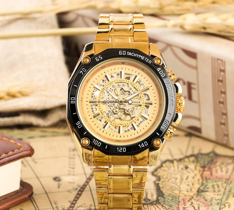 Fashion Men's Hollow Gold Steel Band Watch (Large Dial)