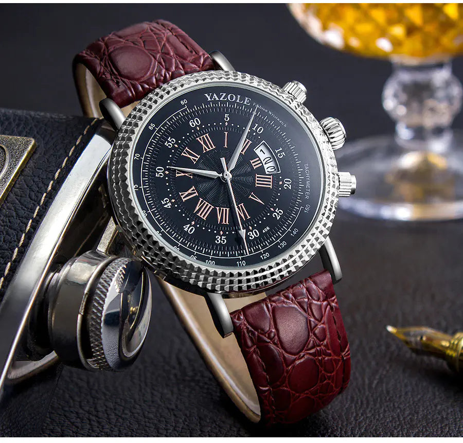 Fashion Quartz Watch with Roman Numerals and Calendar
