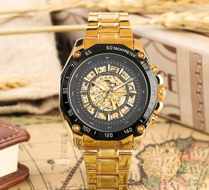 Fashion Men's Hollow Gold Steel Band Watch (Large Dial)