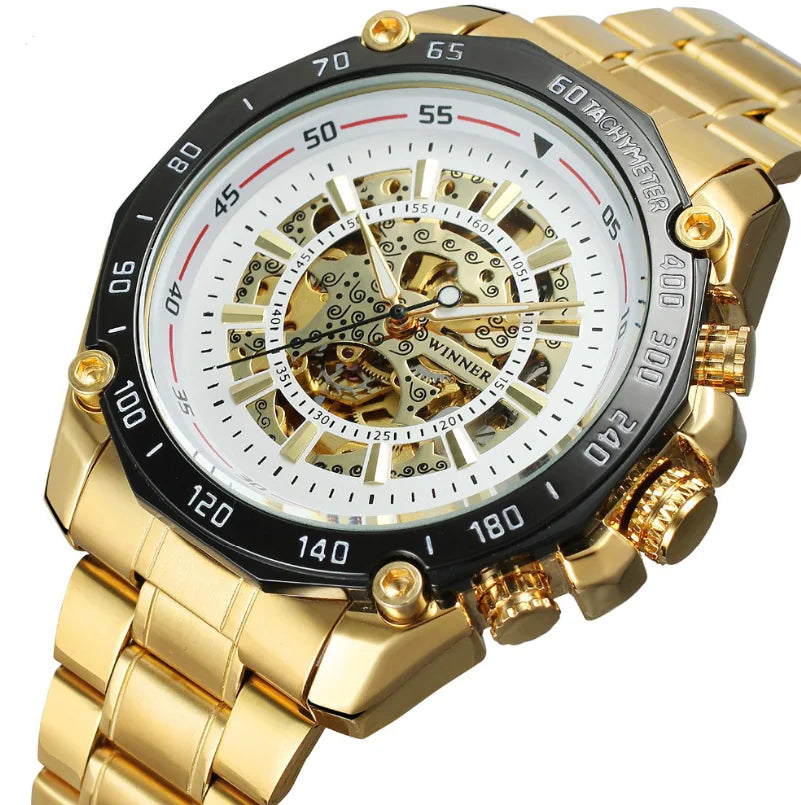 Fashion Men's Hollow Gold Steel Band Watch (Large Dial)