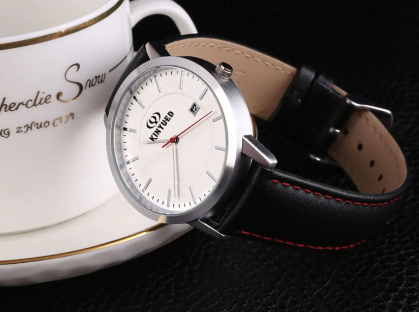KINYUED Swiss Fashion Black Leather Quartz Watch